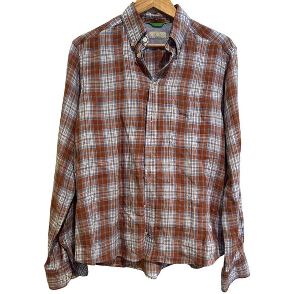 ETON Blue Brown Plaid Casual Collared 100% Linen Button Up Shirt Men's MEDIUM M - Picture 1 of 6